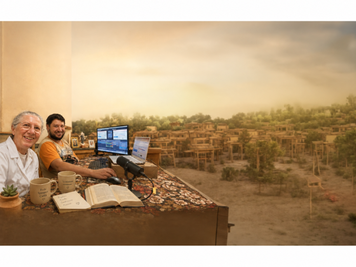 Una religiosa e un uomo davanti a computer e microfono, con un paesaggio urbano sullo sfondo.
