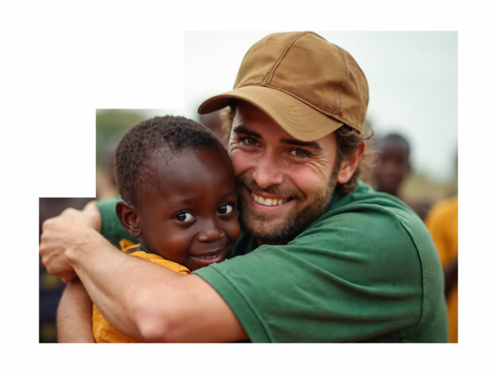 Un uomo e un bambino sorridenti si abbracciano.